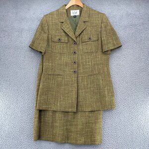 Le Suit Set Women 12 Petite Green Brown Short Sleeve Blazer Pencil Skirt 2 Piece